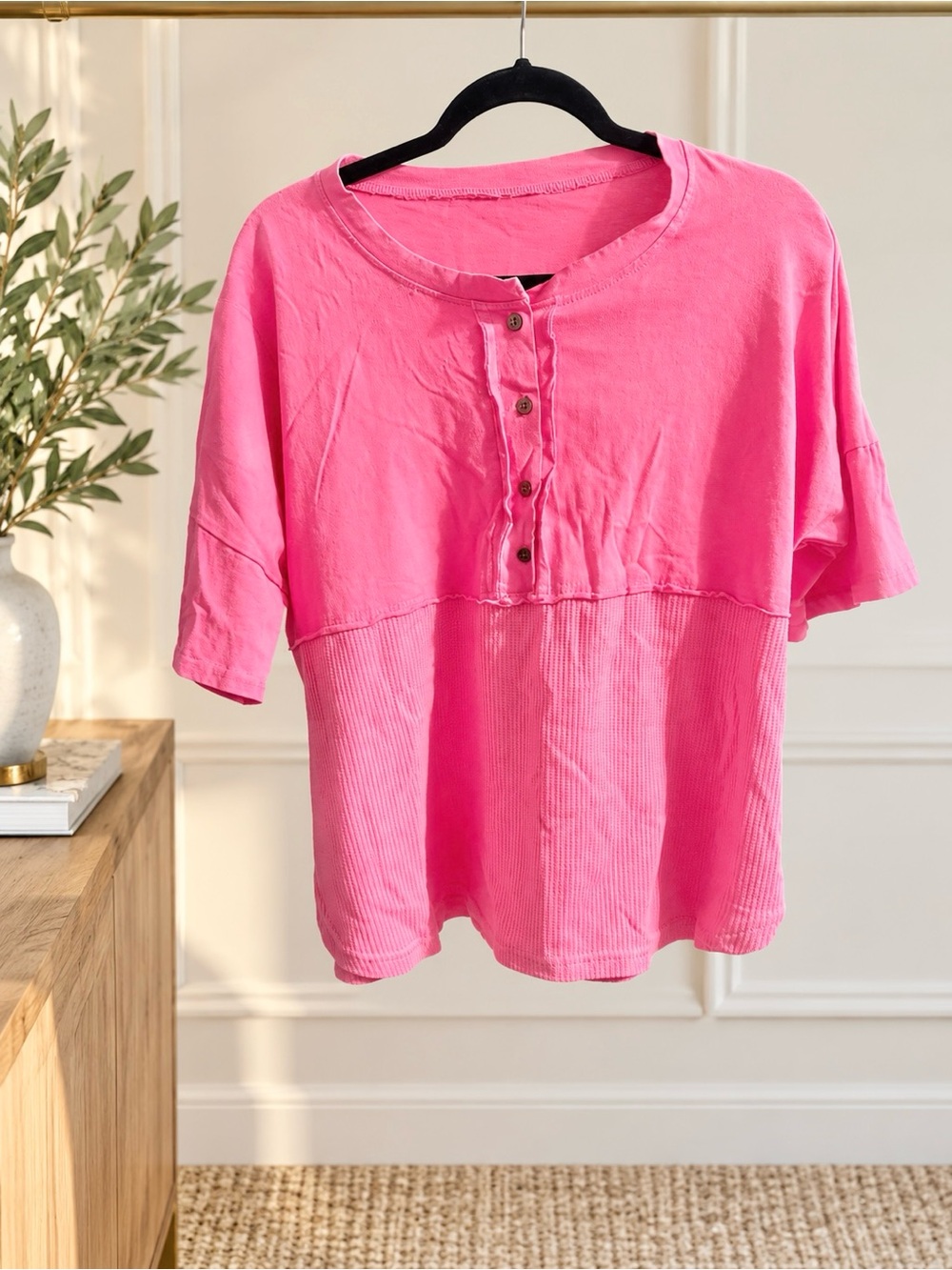 Women's Pink Button-Front Relaxed Henley Top